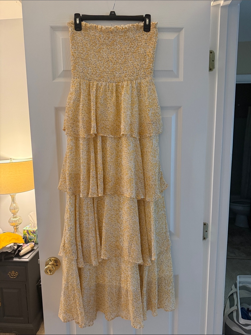 entro Yellow Floral Smocked Strapless Tiered Maxi Dress